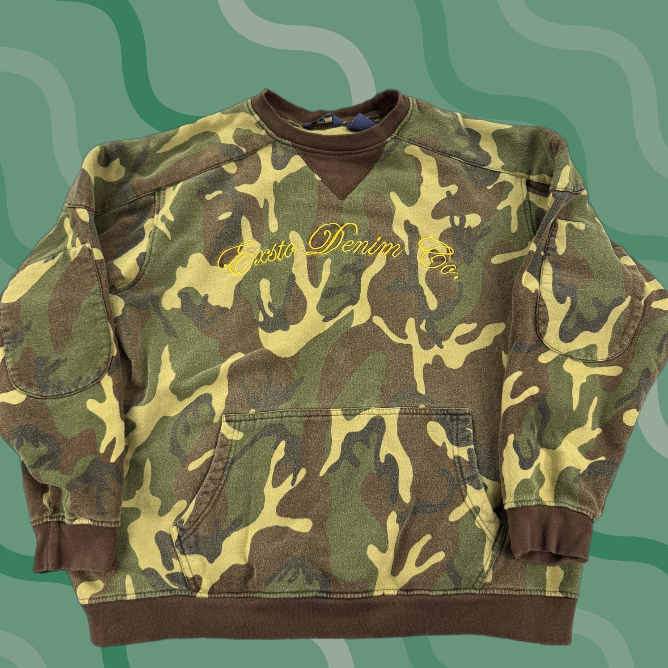 CO VINTAGE Exsto Denim Co Sweater Mens XL Camouflage Pullover Crewneck Knit Kangaroo Pocket Camouflage Graphic Print Outdoor Outdoor Mens Size US XL / EU 56 / 4 - 1 Thumbnail