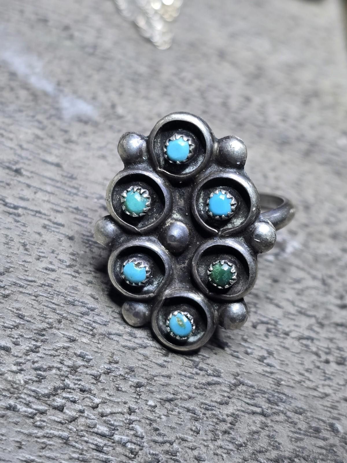 Other Sterling Silver Turquoise Cluster Ring Size 6 Vintage Size ONE SIZE - 1 Thumbnail