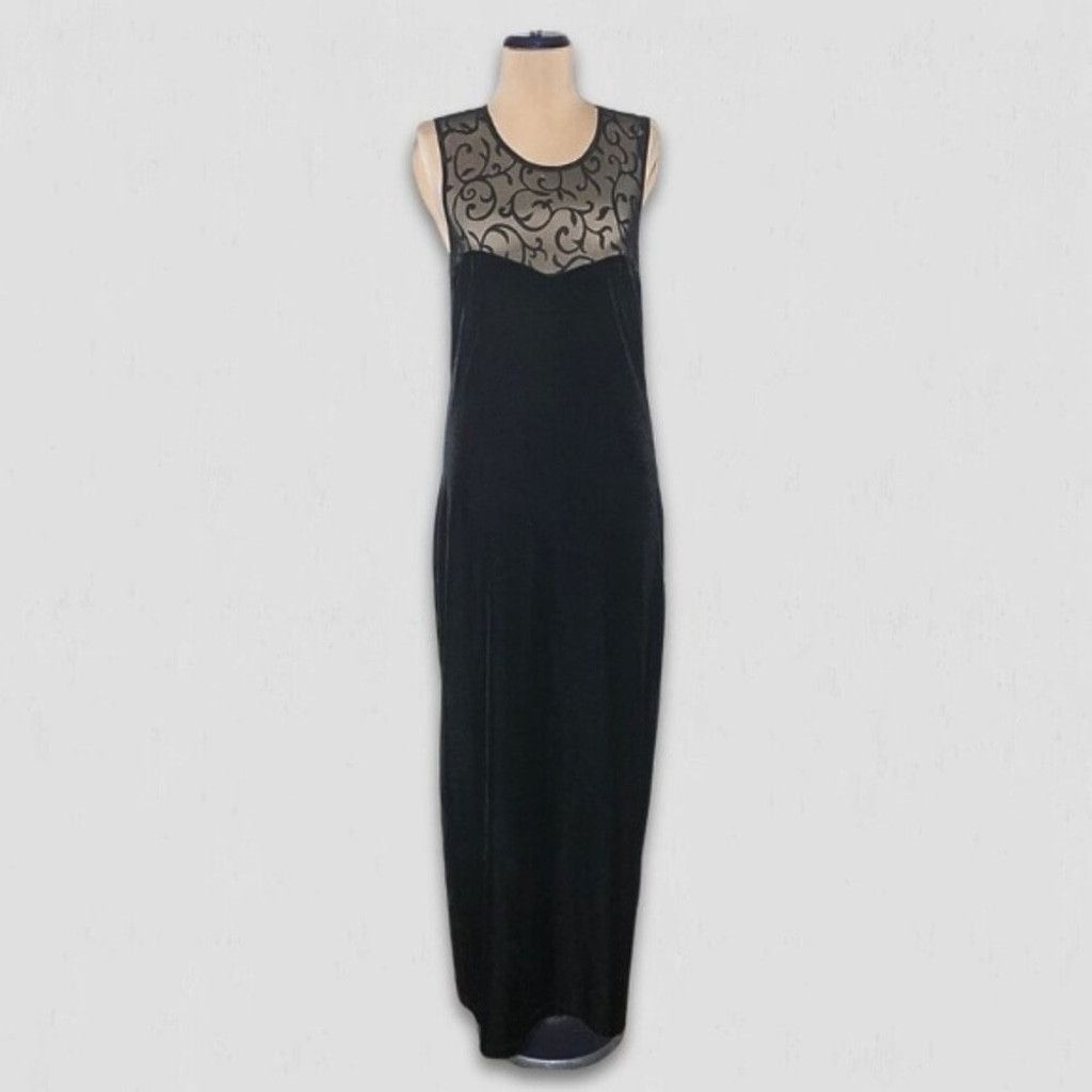 Vintage All That Jazz Maxi Dress Sheer Velvet Fabric Black W Large Size L / US 10 / IT 46 - 1 Thumbnail