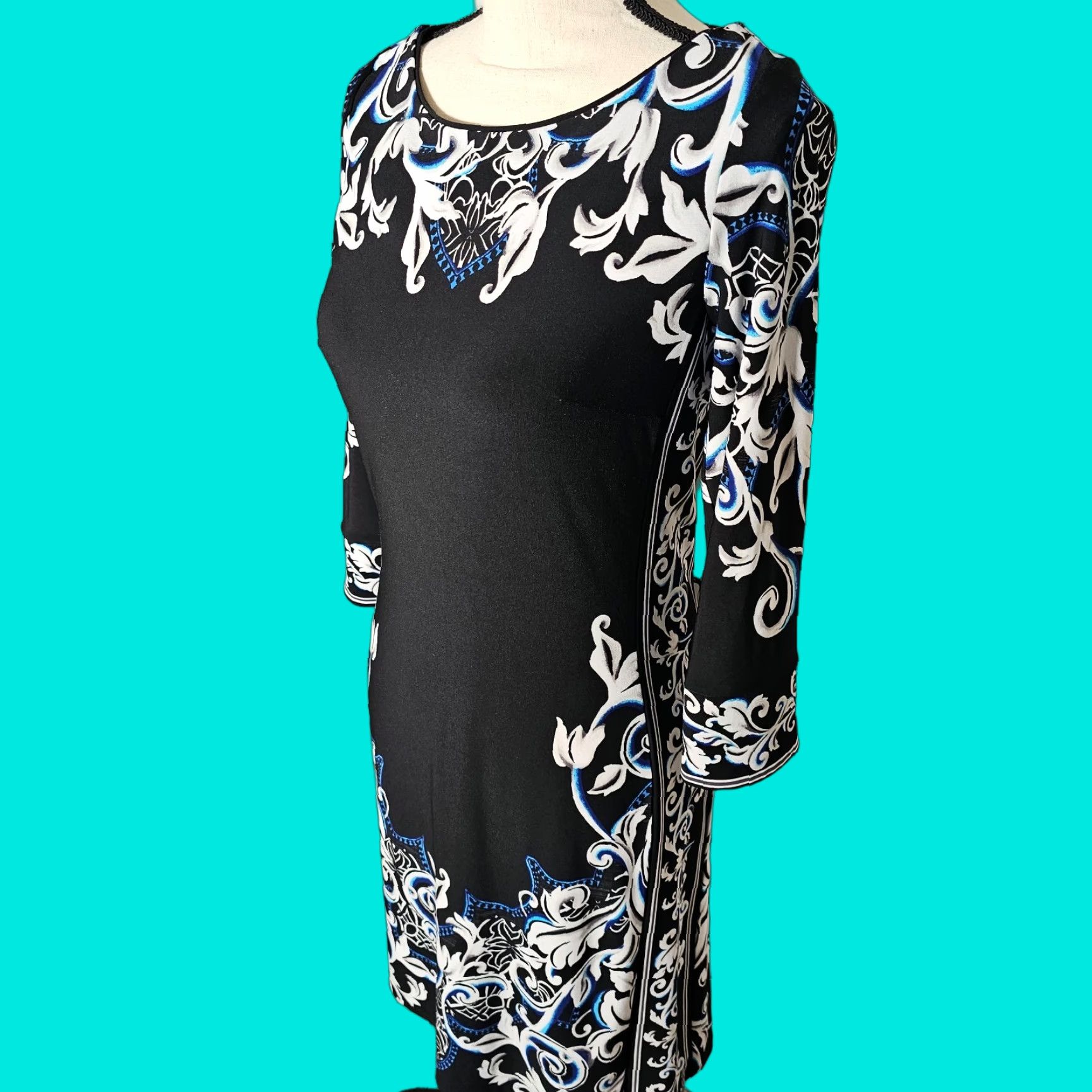White House Black Market WHBM Women's Dress XS Black Floral Career Mini Sheath Long Sleeve Boat Neck Size XS / US 0-2 / IT 36-38 - 1 Thumbnail