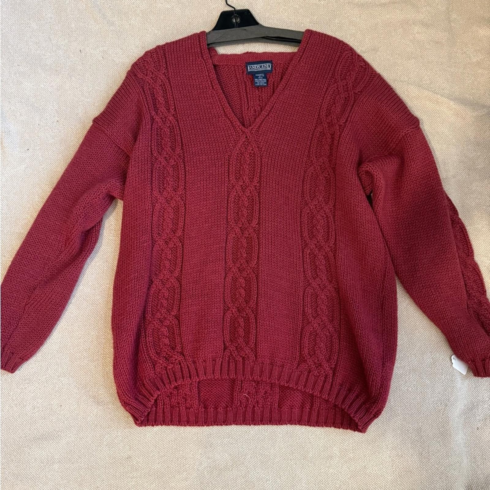 Lands' End Lands' End Women's Red V-Neck Cable Knit Sweater Size L / US 10 / IT 46 - 1 Thumbnail