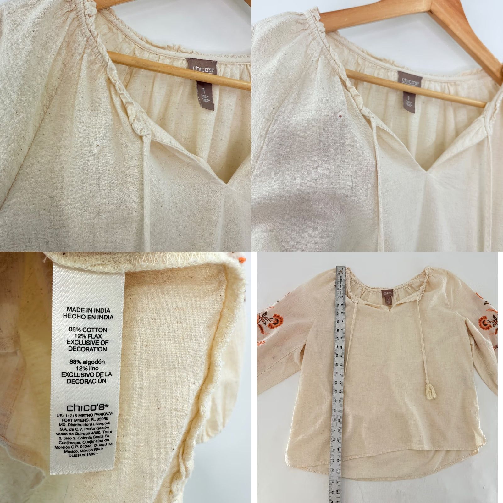 Vintage Chicos Beig*e?* Embroidered Floral Tassels V-Neck Boho Tunic Top Size 1 Women Shirt Size XS / US 0-2 / IT 36-38 - 8 Thumbnail