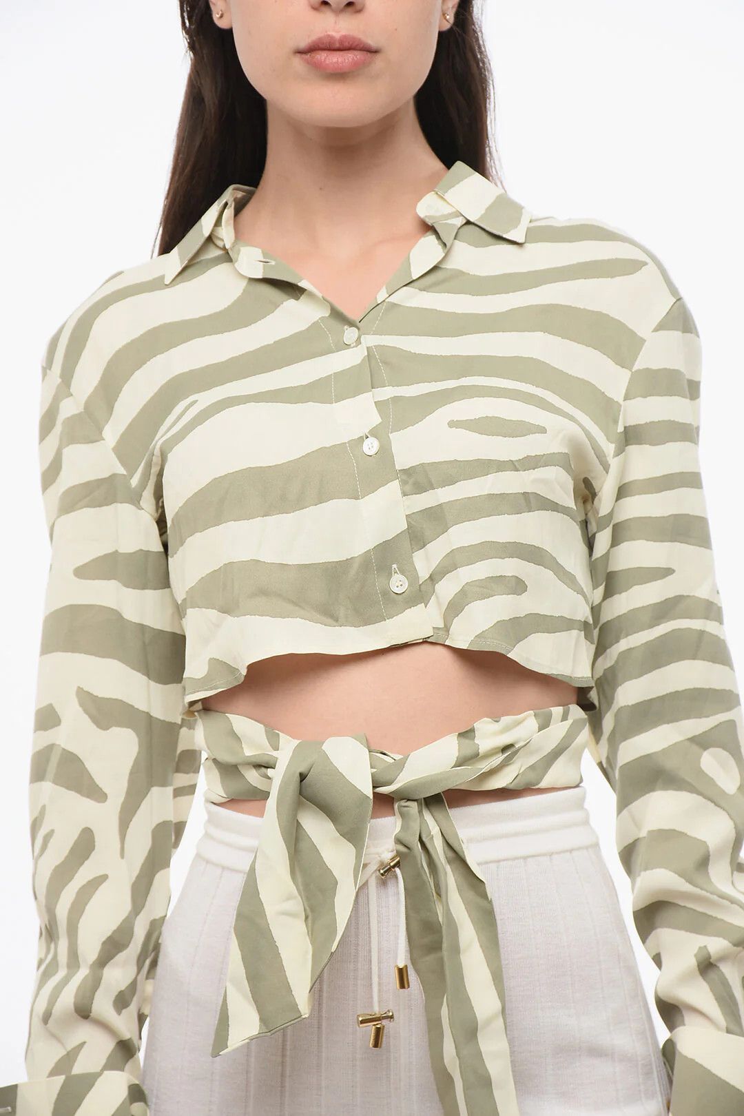 Balmain og1mm0326 Cropped Animal-Print Shirt in Beige/Green Size M / US 6-8 / IT 42-44 - 3 Thumbnail