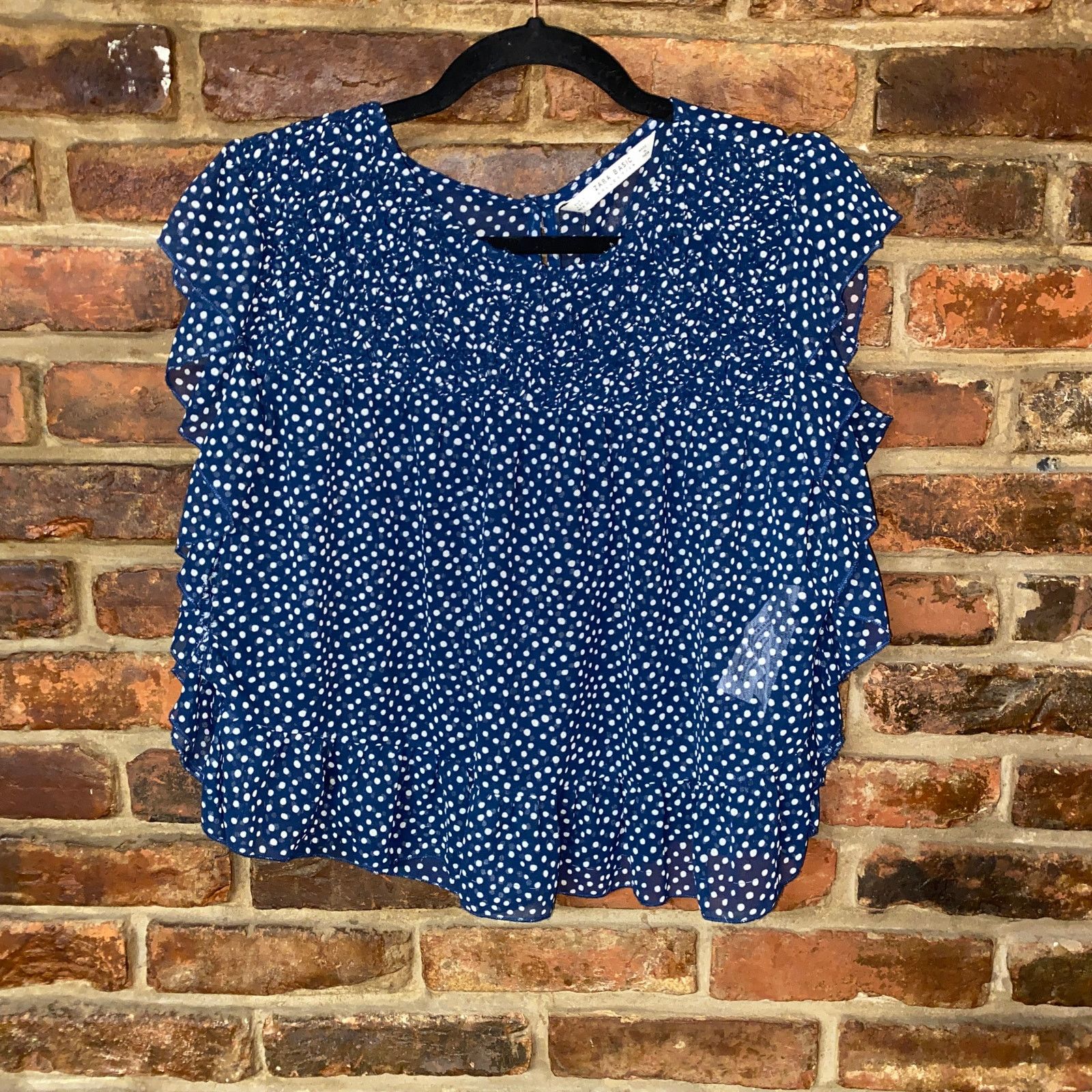 Zara Zara Navy Blue White Polka Dot Sheer Flutter Blouse Large | Grailed