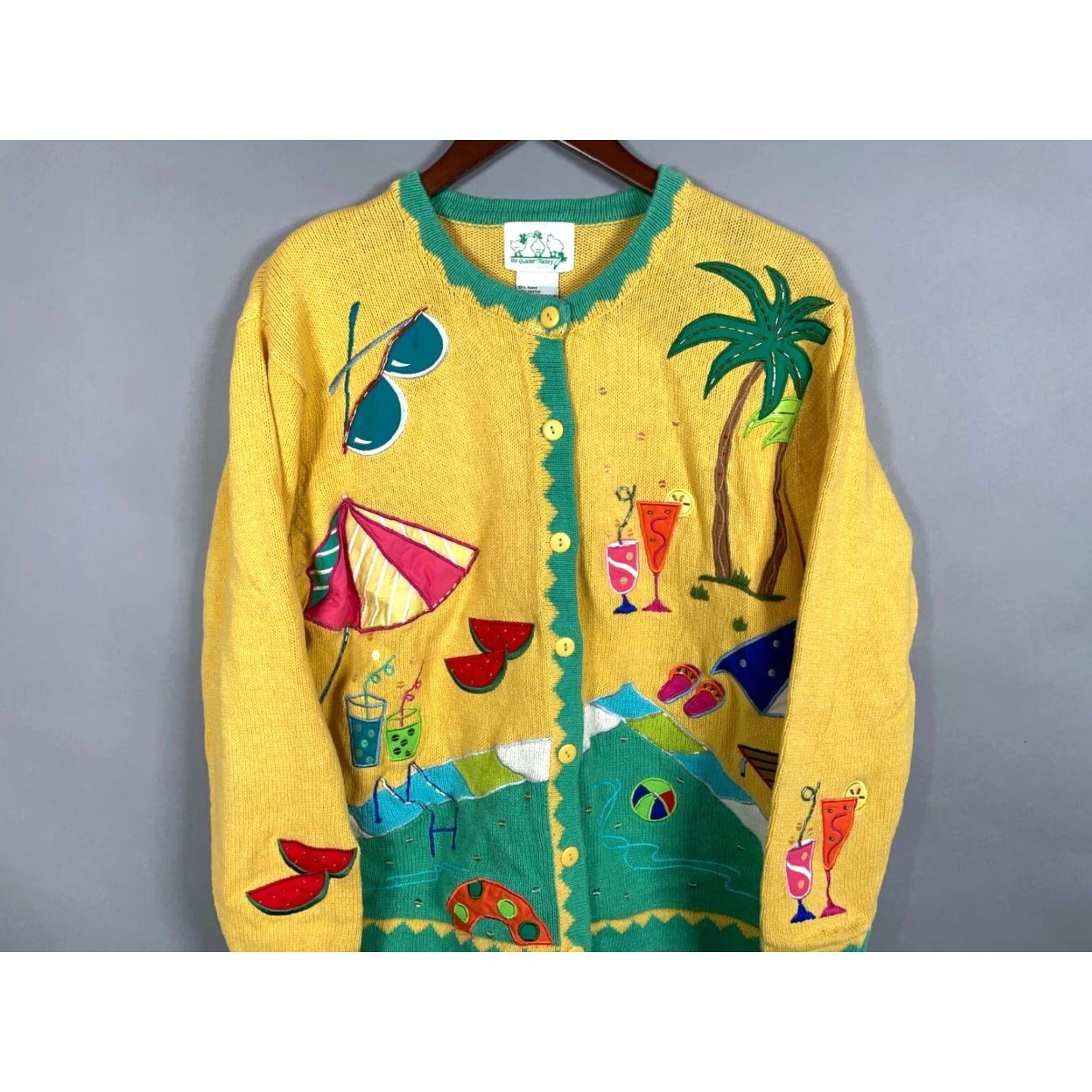 Quacker Factory Quacker Factory Beach Motif Cardigan Women's Large Yellow Chunky Knit Tropical Size L / US 10 / IT 46 - 3 Thumbnail