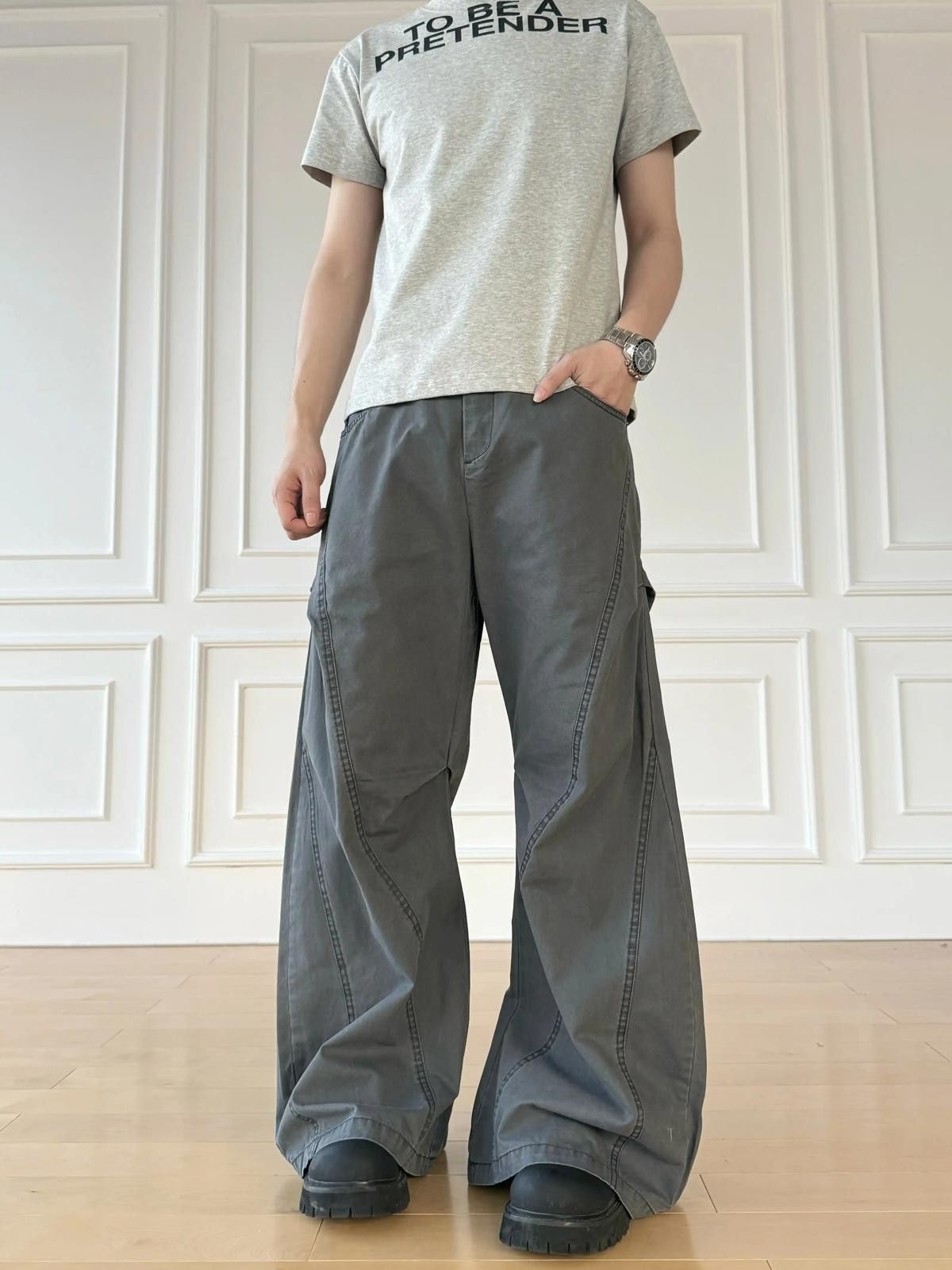 Gray Wide Leg Cargo Pants Baggy Casual Trousers