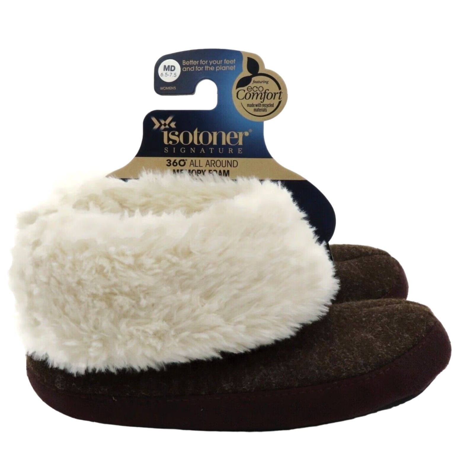 Vintage Isotoner Memory Foam Women Slipper Slip-On Brown Faux Fur Cuff Memory Foam New 6.5-7.5 Medium Size ONE SIZE - 2 Thumbnail
