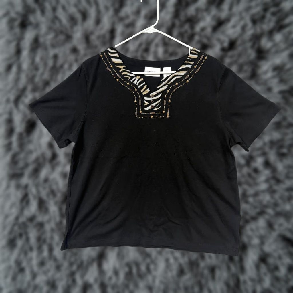 Vintage Alfred Dunner Top Womens L Black Zebra Print Beaded Studded V-Neck Safari Boho Shirt Size L / US 10 / IT 46 - 1 Thumbnail