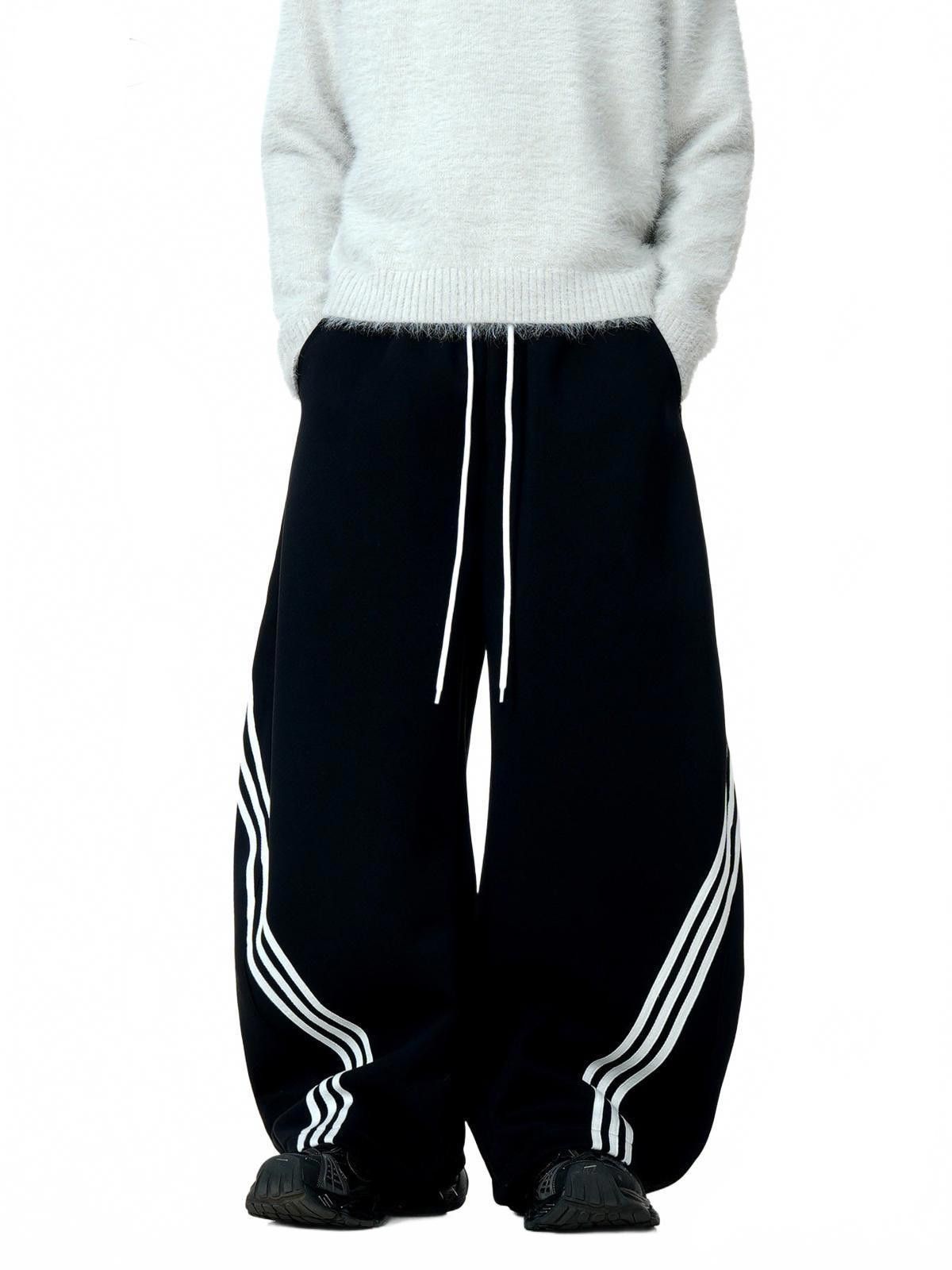 Vintage Black Wide Leg Casual Pants with Stripes, Loose Fit Pants Size US 32 / EU 48 - 2 Thumbnail