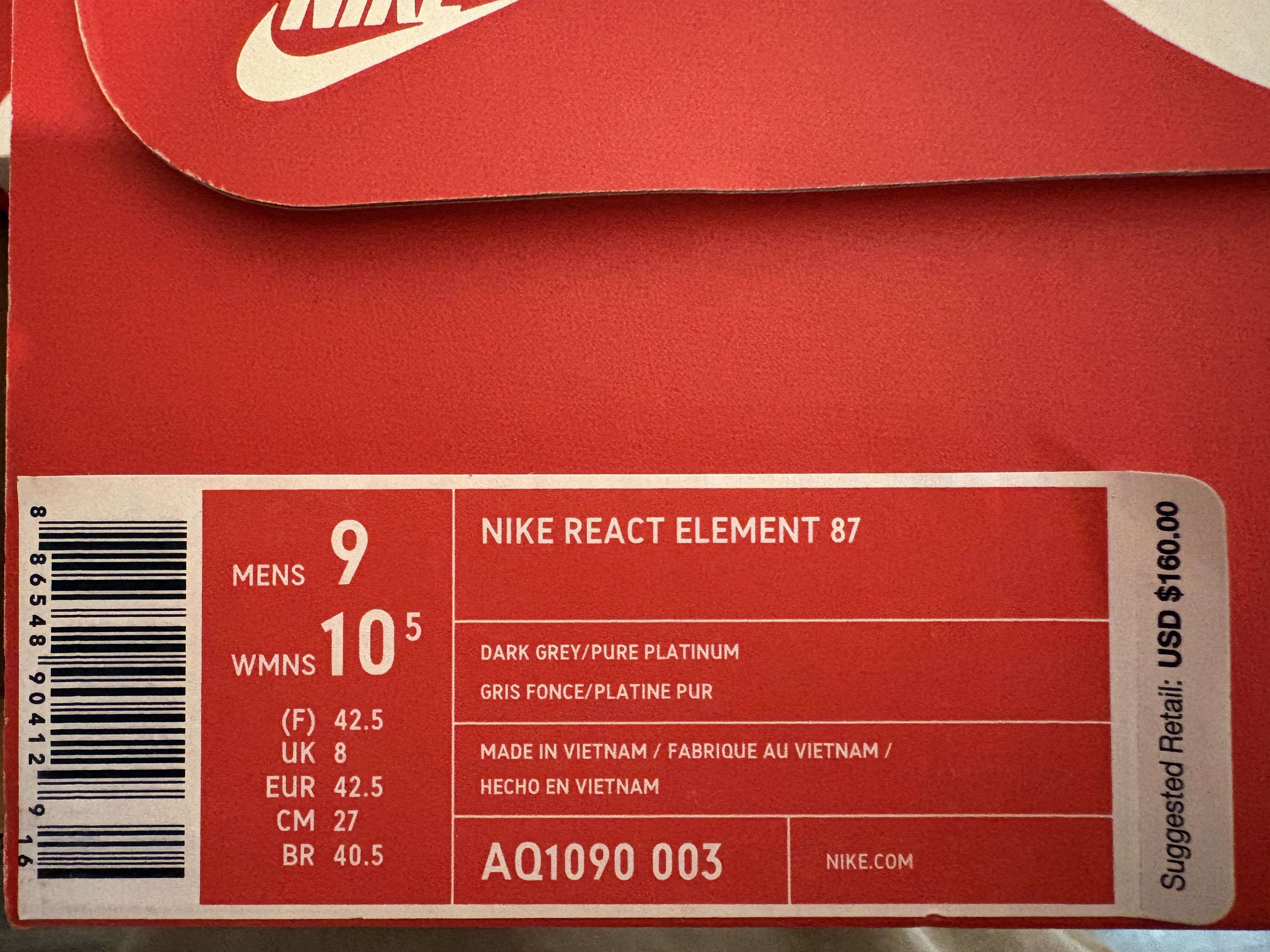 Nike React Element 87 Dark Grey/Pure Platinum-Photo Blue Size US 9 / EU 42 - 7 Thumbnail