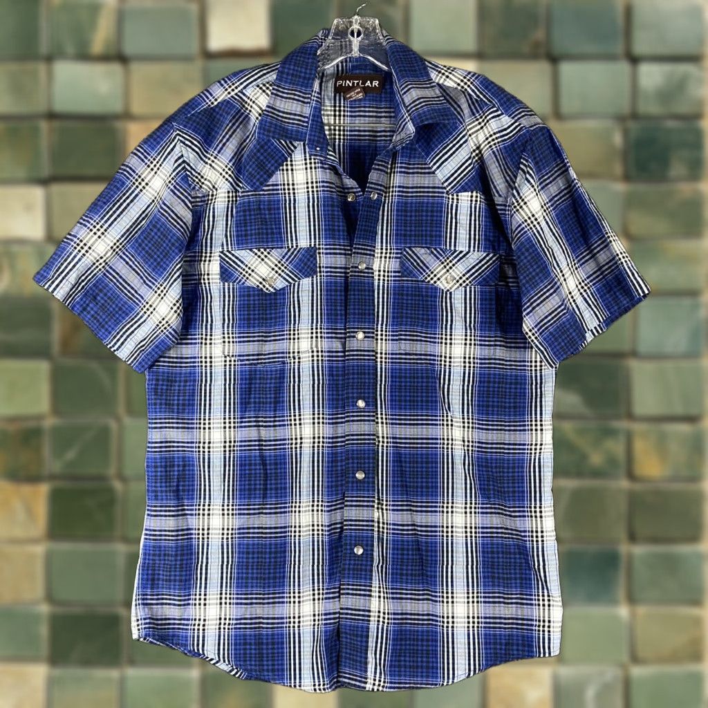 Vintage PINTLAR Shirt Plaid Pearl Button-Up Short Sleeve Men’s L Blue Regular Size Adult Mens Size US 33 - 1 Thumbnail