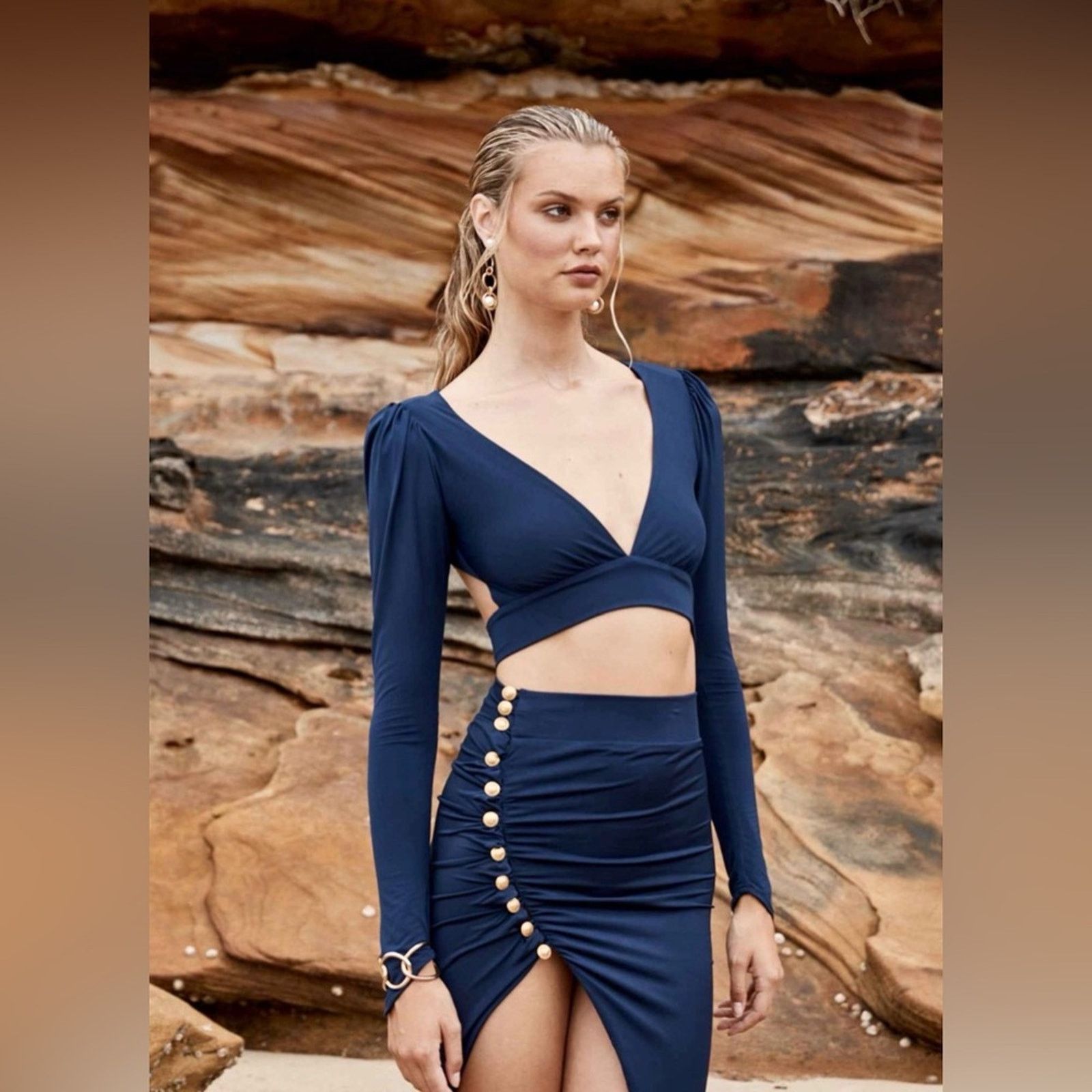 Navy Blue Grecian Tide Draped Skirt with matching crop top