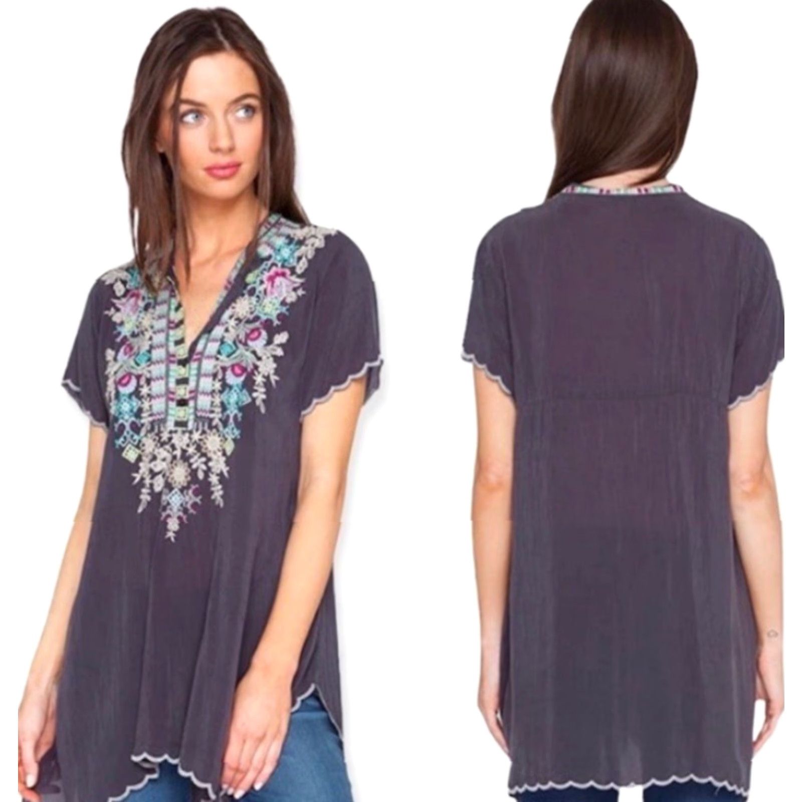 Johnny Was Johnny Was Tunic Womens XL Multicolor Embroidered Floral Bohemian Cupro Breathable Lightweight Round Neck Short Sleeve Size XL / US 12-14 / IT 48-50 - 2 Thumbnail
