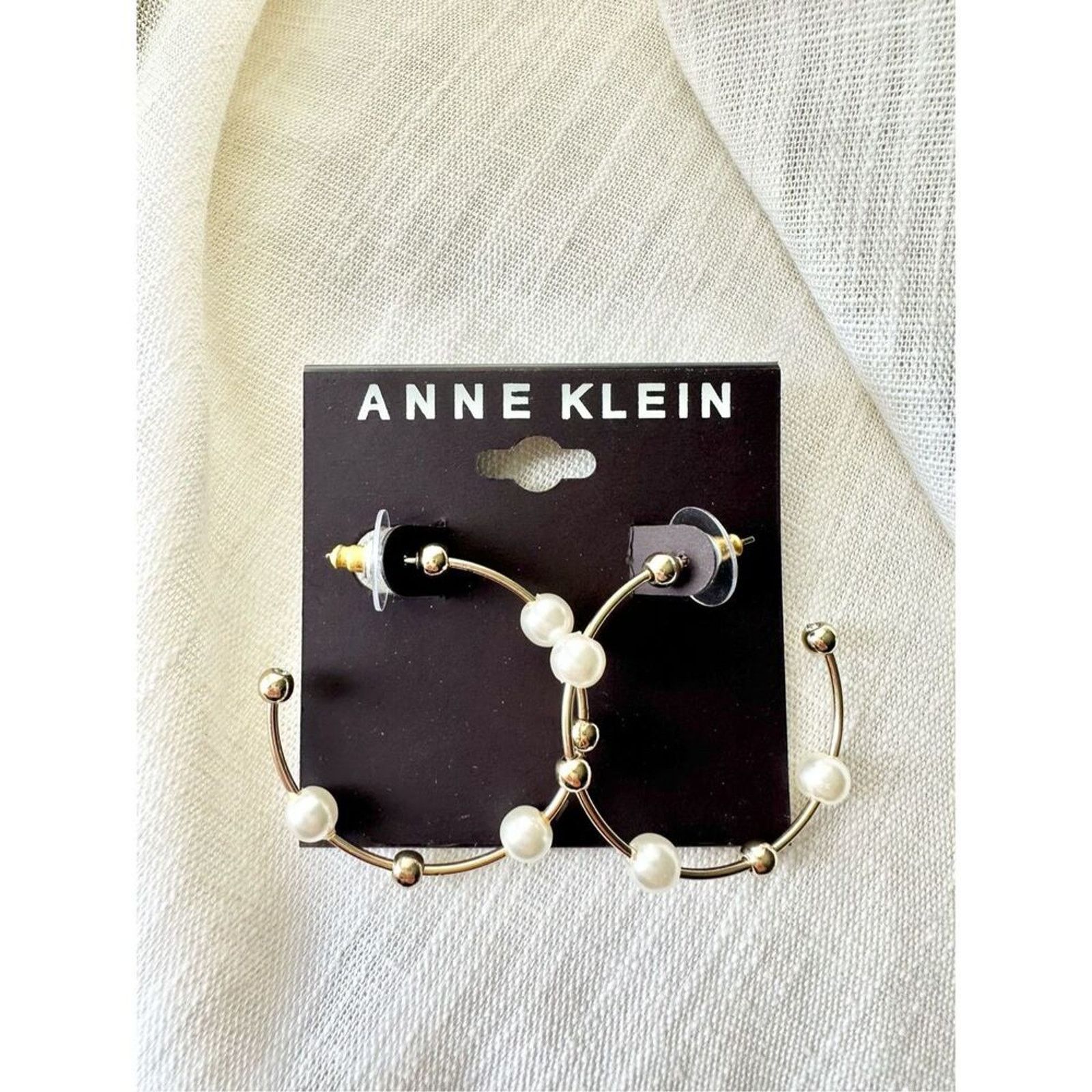 Anne Klein Anne Klein Gold-Tone Faux Pearl Hoop Earrings - Classic! Size ONE SIZE - 2 Thumbnail