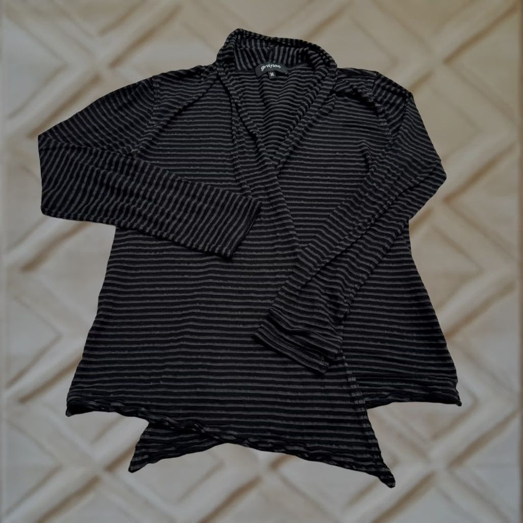 Vintage Grayson Cardigan Sweater Womens Medium Black Gray Striped Open Front Wrapped Size M / US 6-8 / IT 42-44 - 1 Thumbnail