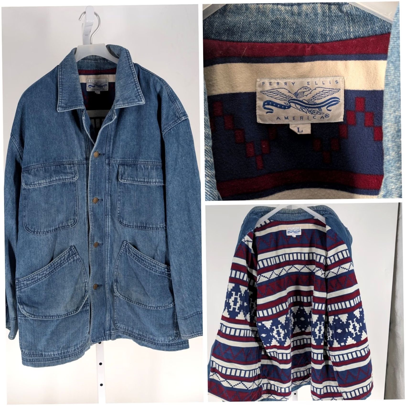 Perry Ellis Perry Ellis America Denim Barn Coat L Vintage 90s Mens Blue Denim Flannel Lining Southwest Aztec Pattern Barn Coat Workwear Casual Travel Long Coat Size US L / EU 52-54 / 3 - 2 Thumbnail