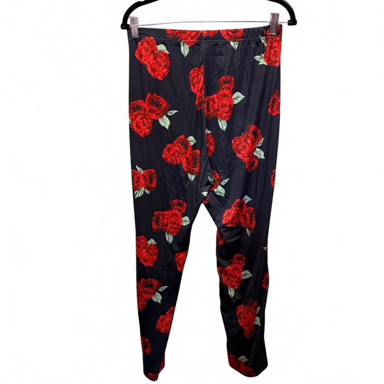 Designer Floral Print Leggings - Black with Red Roses Size 30" / US 8 / IT 44 - 2 Thumbnail
