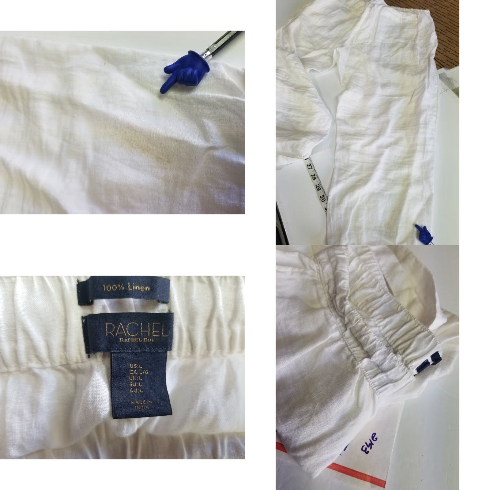 Vintage Rachel Roy Linen Pants Women Large White 100% Linen Breathable Elastic Waist Pockets Drawstring Straight Set Size 36" / US 14 / IT 50 - 8 Thumbnail