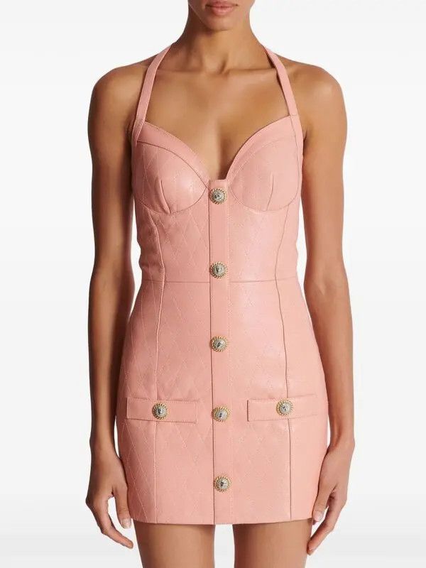 Balmain o1s1wg110725 Halterneck Leather Dress in Pink Size L / US 10 / IT 46 - 3 Thumbnail