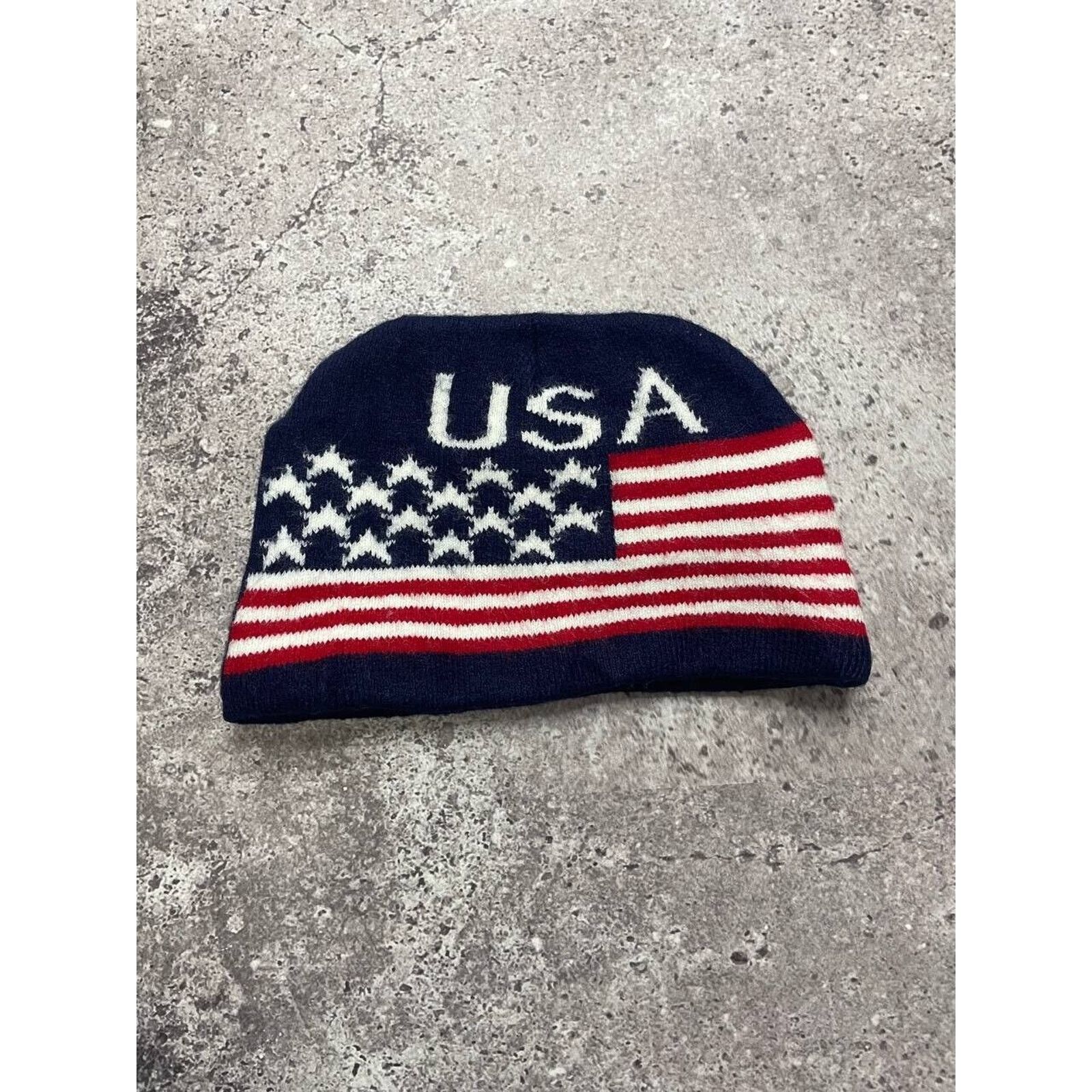 Vintage Vintage Lucky 7 USA American Flag Knit Beanie Hat Navy Red Size ONE SIZE - 1 Thumbnail