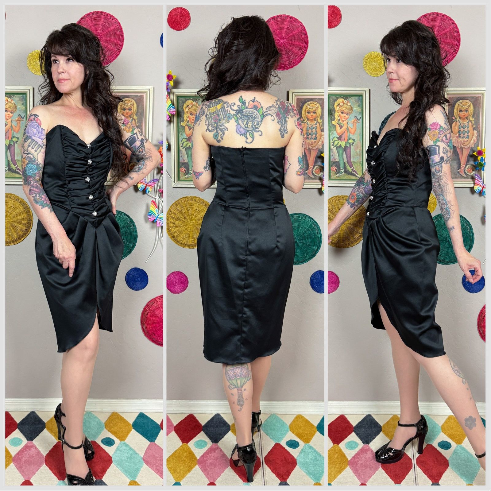 Vintage 1980s Black Satin Strapless Sweetheart Ruched Cocktail Dress Size M / US 6-8 / IT 42-44 - 2 Thumbnail