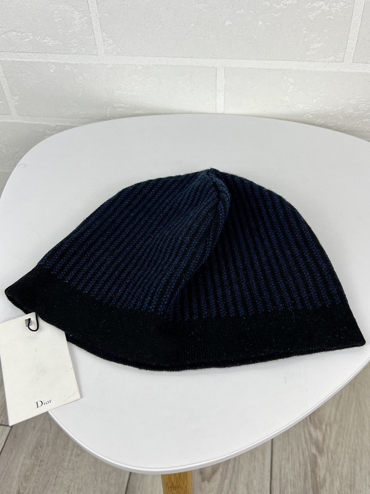 Dior DIOR Hat Wool 100% Leather Patch Logo Striped Black/Blue Men Size ONE SIZE - 9 Thumbnail
