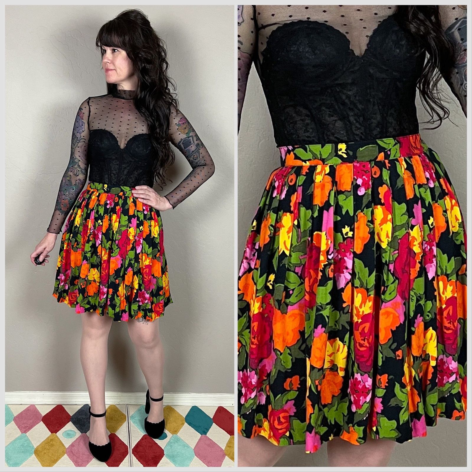 Vintage Vintage 1980s Floral Print Pleated Mini Skirt Size 26" / US 2 / IT 38 - 1 Thumbnail