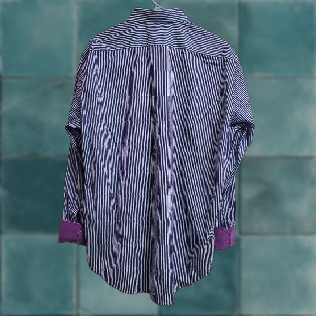 Robert Graham Robert Graham Dress Shirt Mens Purple Blue Striped 17 L/XL Flip Cuff Button Down Size 42R - 1 Thumbnail