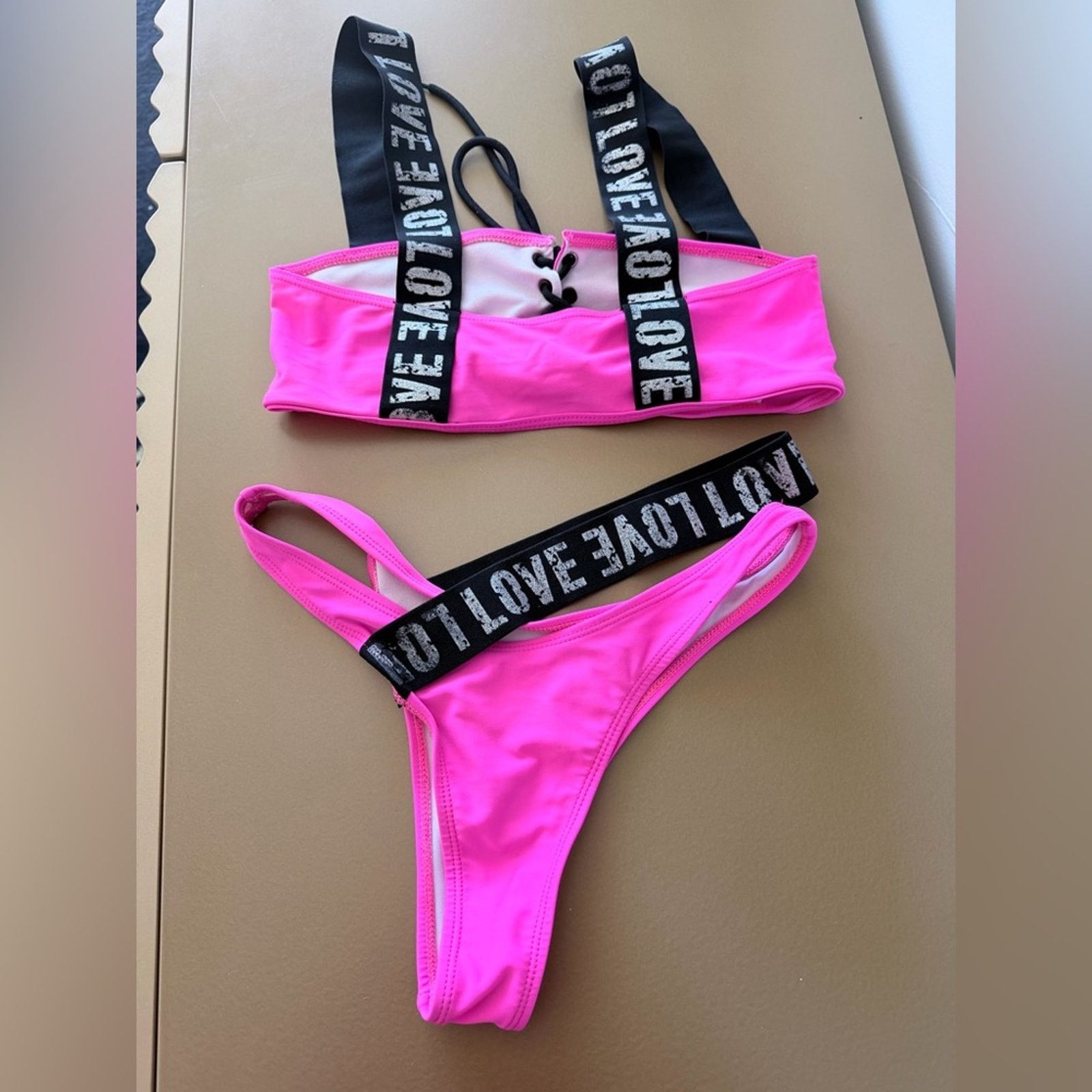 Other New Stylish Pink Lace-Up Bikini Swimsuit Bathing Suit Set S Size ONE SIZE - 10 Thumbnail