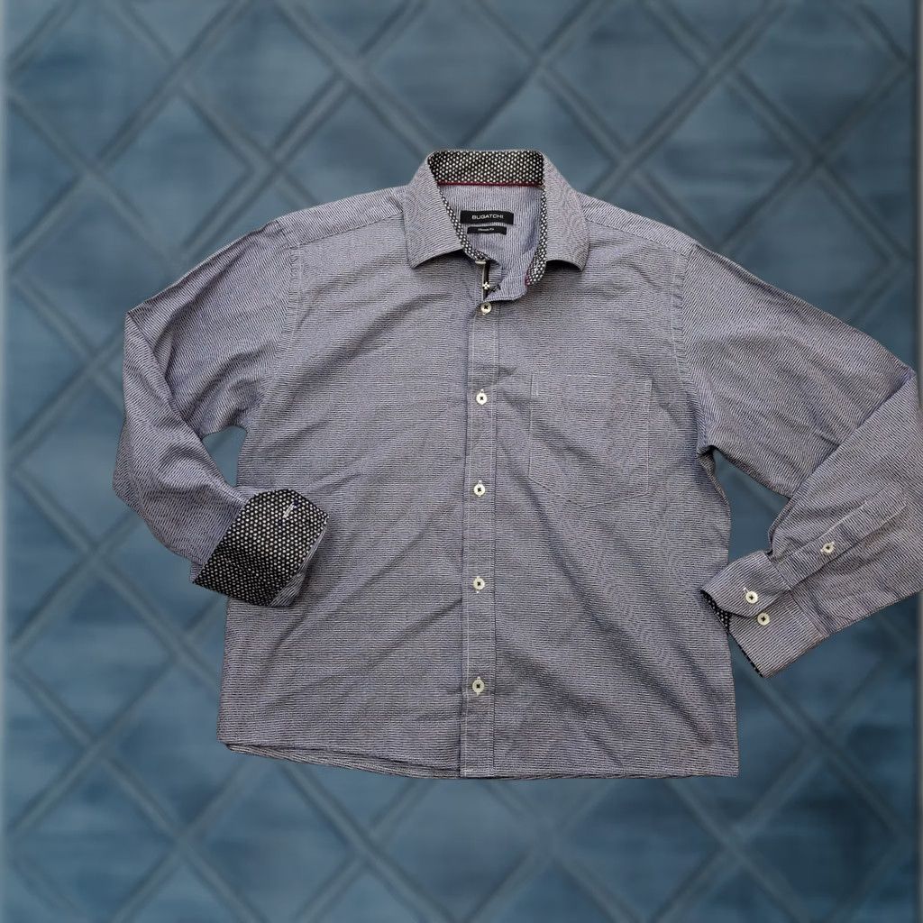 BUGATCHI BUGATCHI Shirt Mens S 14.5 Blue Herringbone Long Sleeve Button Up Contrast Trim Size US M / EU 48-50 / 2 - 1 Thumbnail