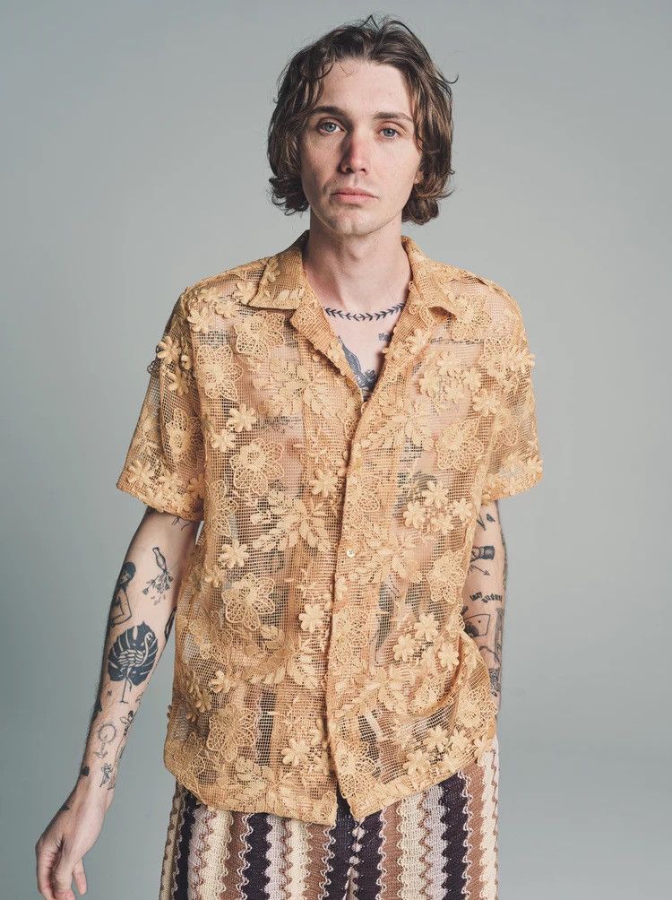 image of Cmmn Swdn Ochre & Floral Mesh Poly Woven Duane Shirt in Yellow, Men's (Size Small)