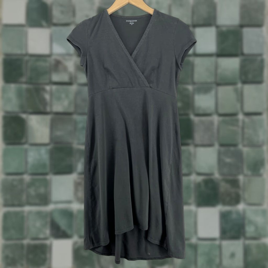 EILEEN FISHER Dress PP Stretch Organic Cotton Faux Wrap Cap Sleeve Gray USA