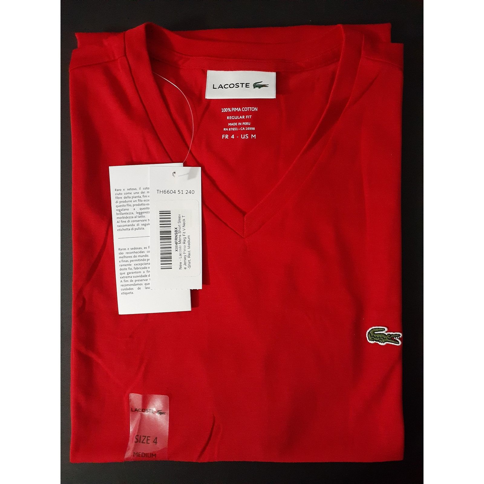 Lacoste Lacoste Men's Jersey Pima Reg Fit V Neck T-Shirt Red M Size US M / EU 48-50 / 2 - 2 Thumbnail