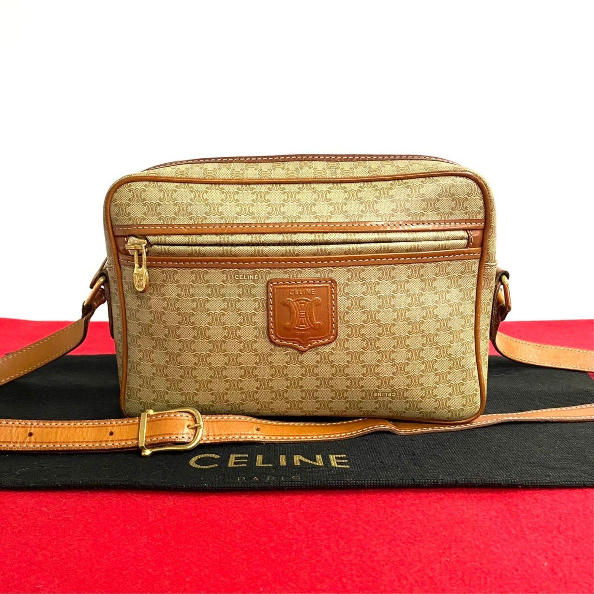image of Celine Macadam Blason Triomphe Pattern Leather Shoulder Bag Pochette Brown 24515, Women's