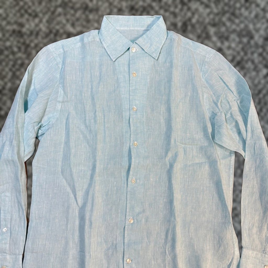 Robert Talbott Robert Talbott Shirt Mens Large Button Solid 100% Linen Dress Light blue 46 Chest Long Sleeve Classic Fit 30 Shirt Length Mens Size 42R - 1 Thumbnail