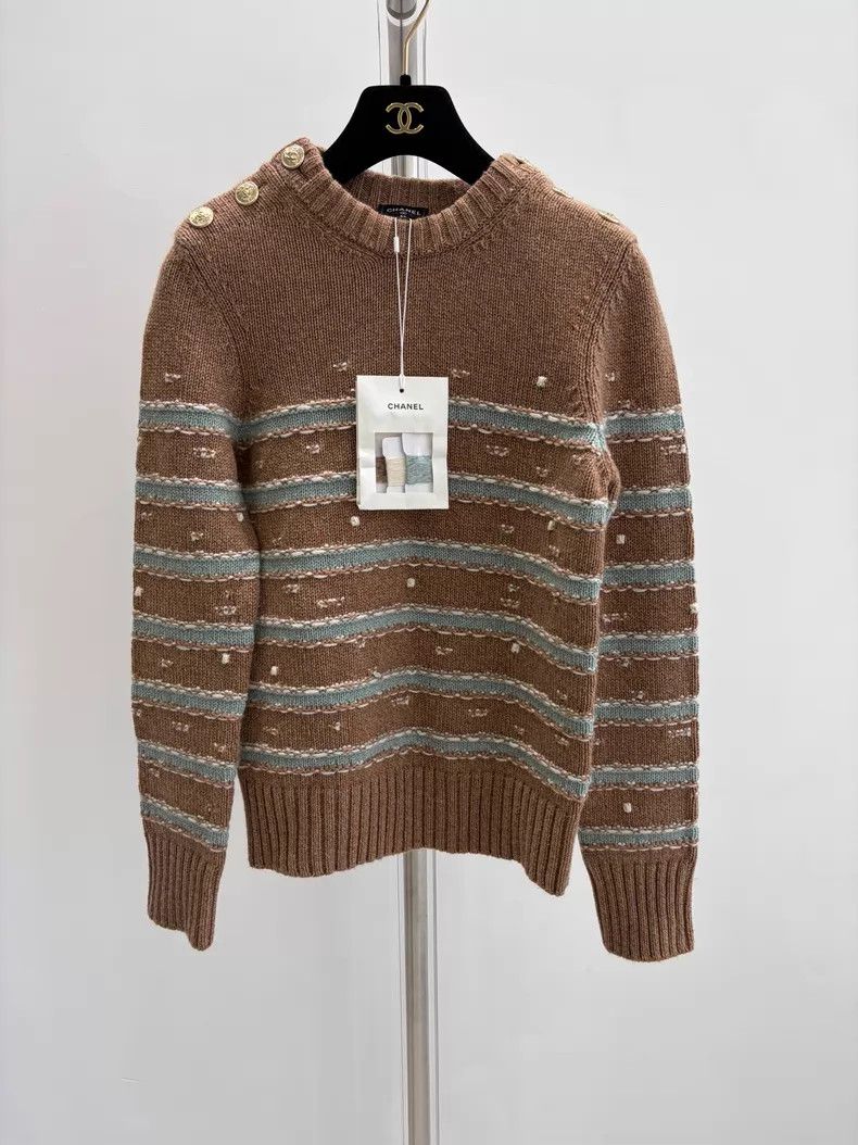 Chanel Chanel Khaki blue striped button pullover sweater Size XXS / US 00 / IT 34 - 1 Thumbnail