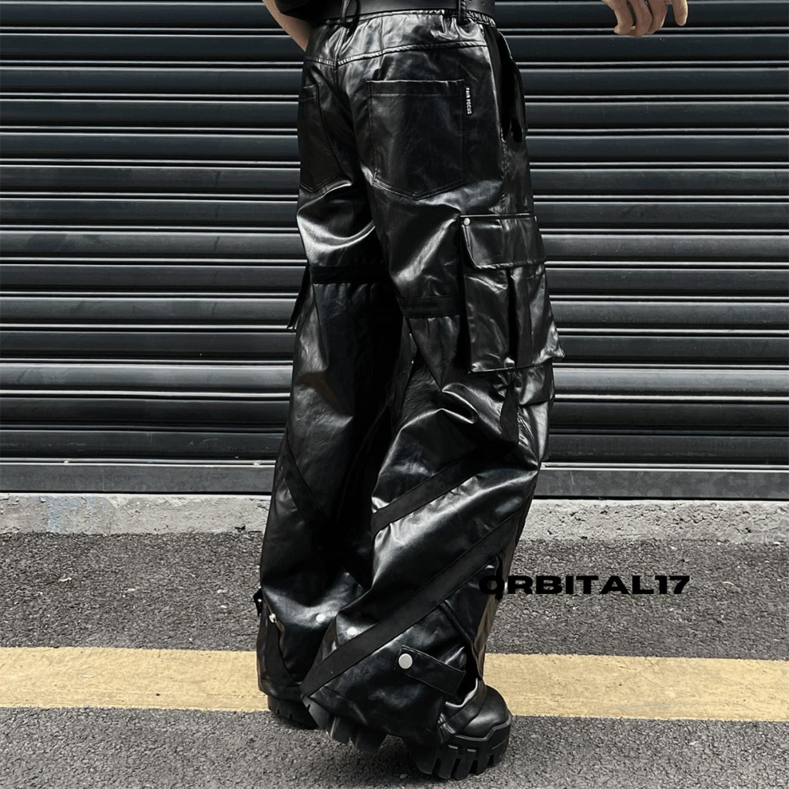 Leather Black Cargo Baggy Stacked Flare PU Leather Jeans Size US 32 / EU 48 - 7 Thumbnail