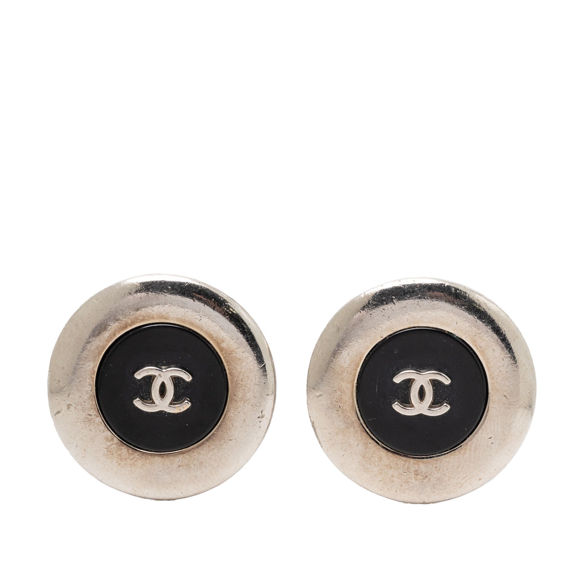 Chanel Chanel Silver Plated and Enamel CC Round Button Clip On Earrings Size ONE SIZE - 1 Thumbnail