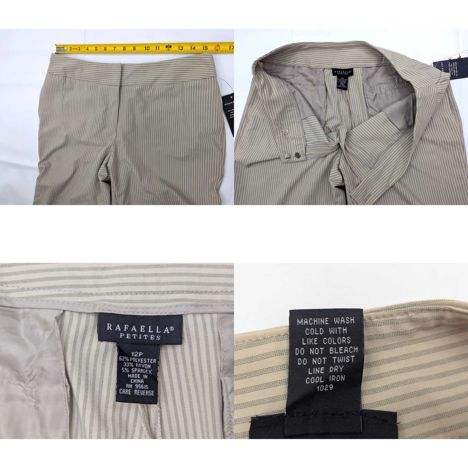 Vintage Rafaella Pinstripe Pants Women 12P (Petite) Casual Dress Pants Beige 31x28 Knit Cotton Spandex Regular Straight Modern Fit Size 30" / US 8 / IT 44 - 8 Thumbnail