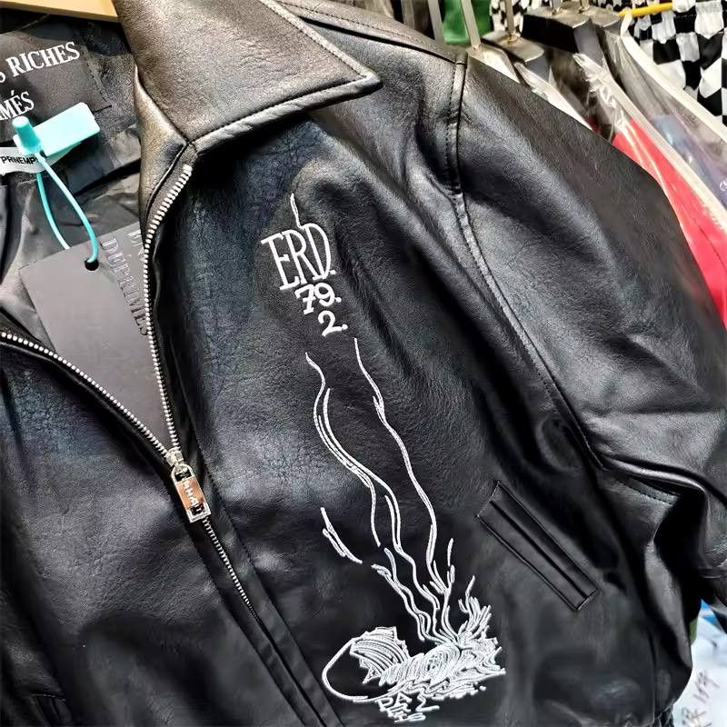 Japanese Brand × Vintage unisex zippered leather jacket with embroidery Size US L / EU 52-54 / 3 - 5 Thumbnail