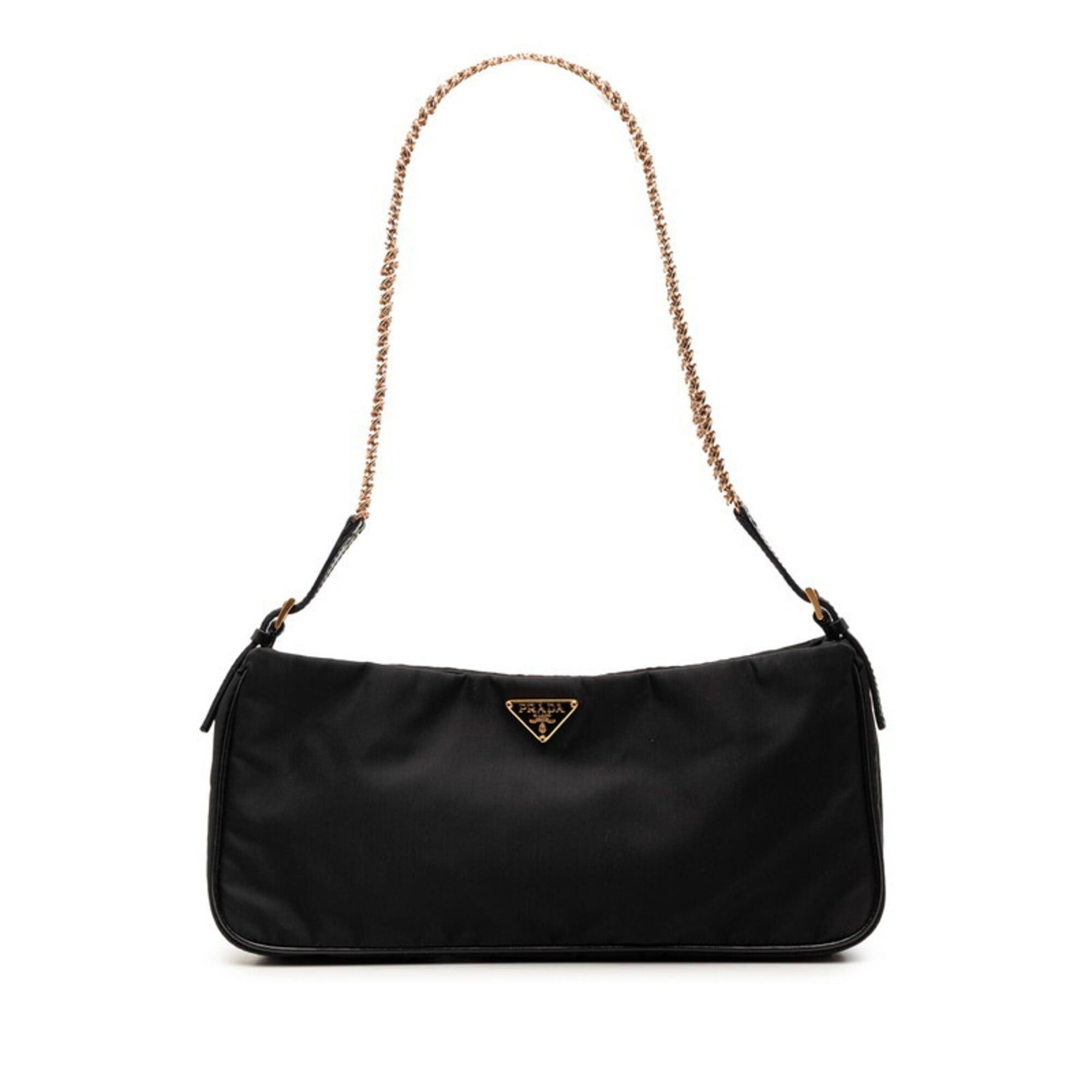 Prada Prada Triangle Logo Plate Chain Shoulder Bag, Black Gold Nylon Leather, Women's PRADA Size ONE SIZE - 1 Thumbnail