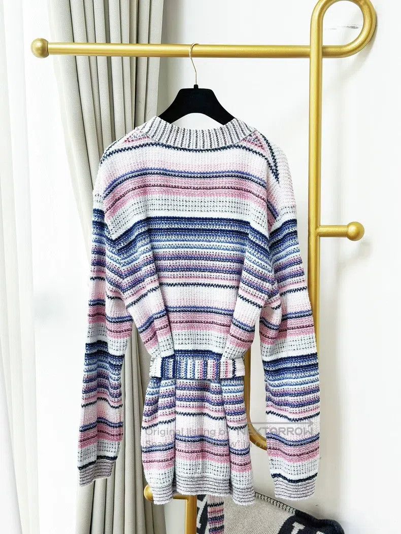Chanel Chanel 24S pink, white and blue striped V-neck tie cardiga Size L / US 10 / IT 46 - 4 Thumbnail