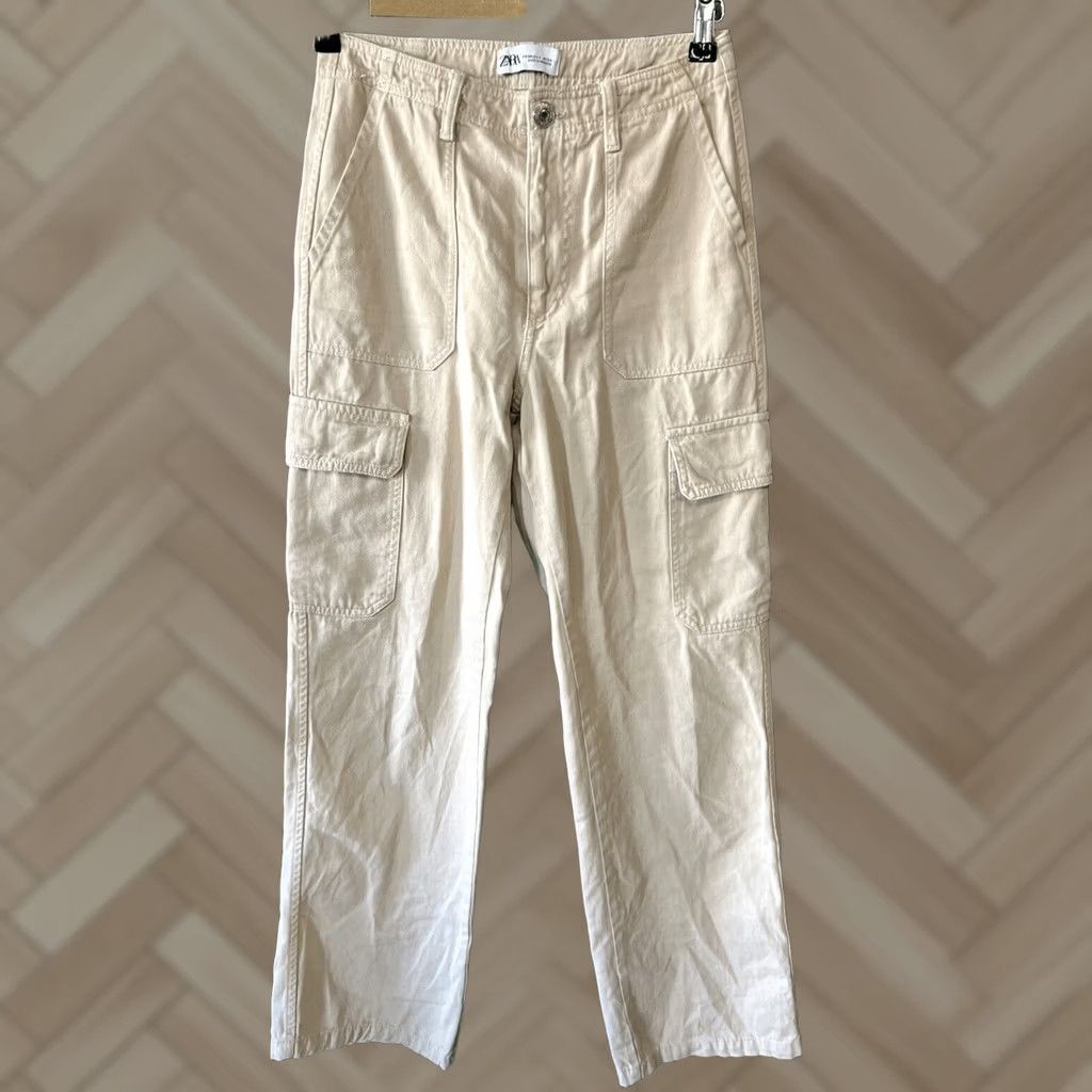 Zara Zara Pants Womens 2 Beige Khaki Cargo High Rise Straight Leg Casual Neutral Size 26" / US 2 / IT 38 - 1 Thumbnail
