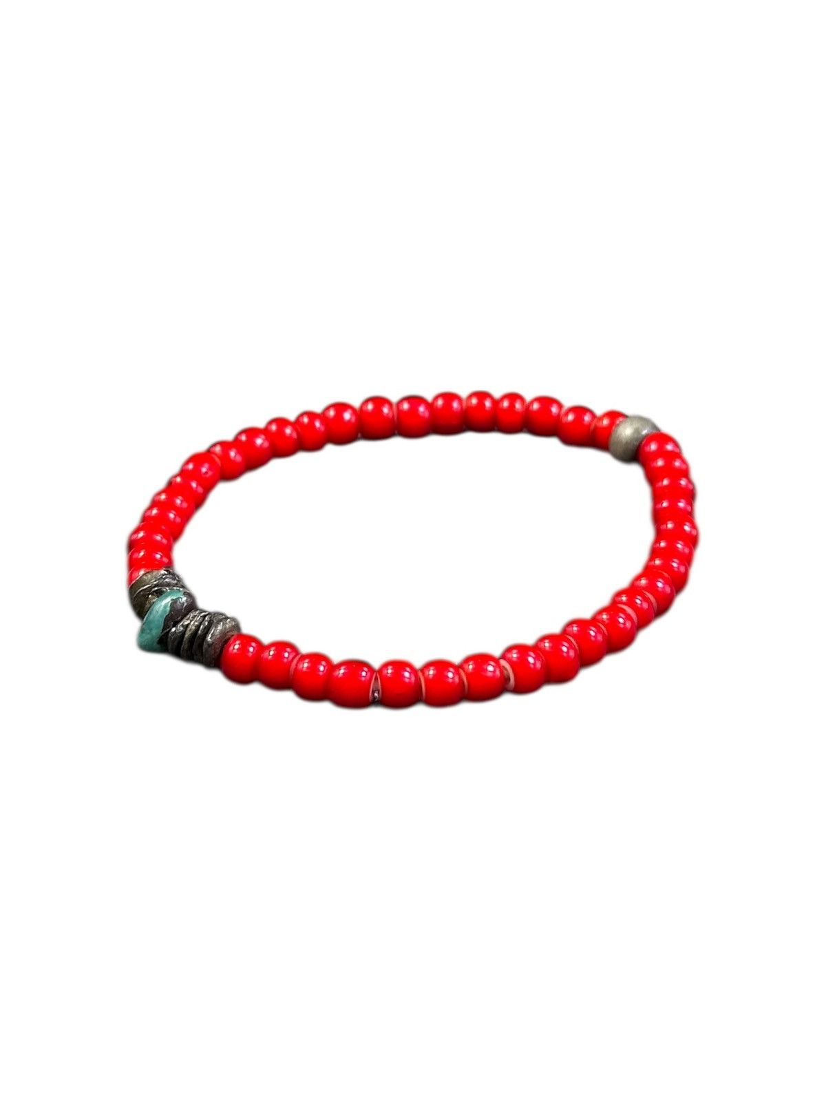 Vintage 1900 WHITE HEART BEADS WITH OLD TURQUOISE AND BRASS BRACELET Size ONE SIZE - 4 Thumbnail