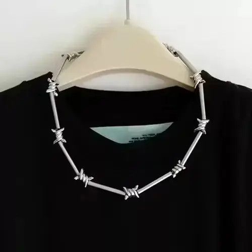 Jewelry x Vintage Barbed Wire Chrome Necklace Spike Post Punk Chain in Silver, Men's