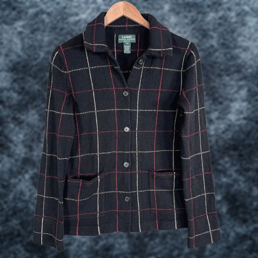 Ralph Lauren VINTAGE Lauren Ralph Lauren Cardigan Sweater Women 100% Wool Check Windowpane Pockets PXS XS Black 90s Preppy Classic Minimalist Modern Size XXS / US 00 / IT 34 - 1 Thumbnail