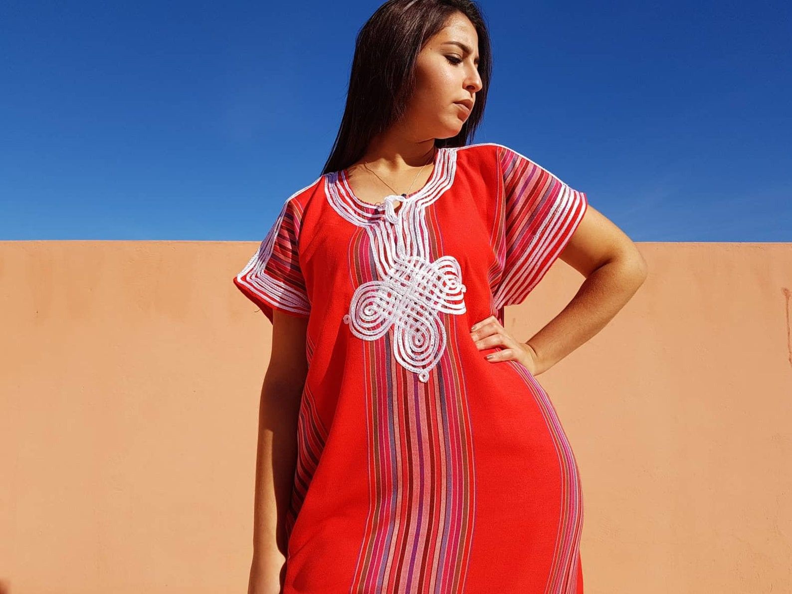 Designer × Handmade Moroccan Bohemian Red Kaftan For Women Size ONE SIZE - 1 Thumbnail