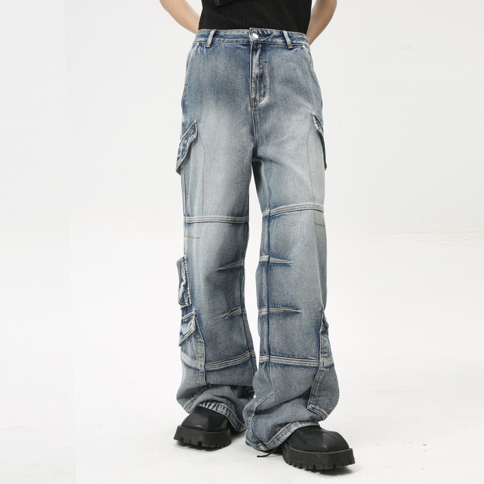 Japanese Brand Light Blue Cargo Denim Jeans, Loose Fit Wide Leg Jeans Size US 30 / EU 46 - 1 Thumbnail