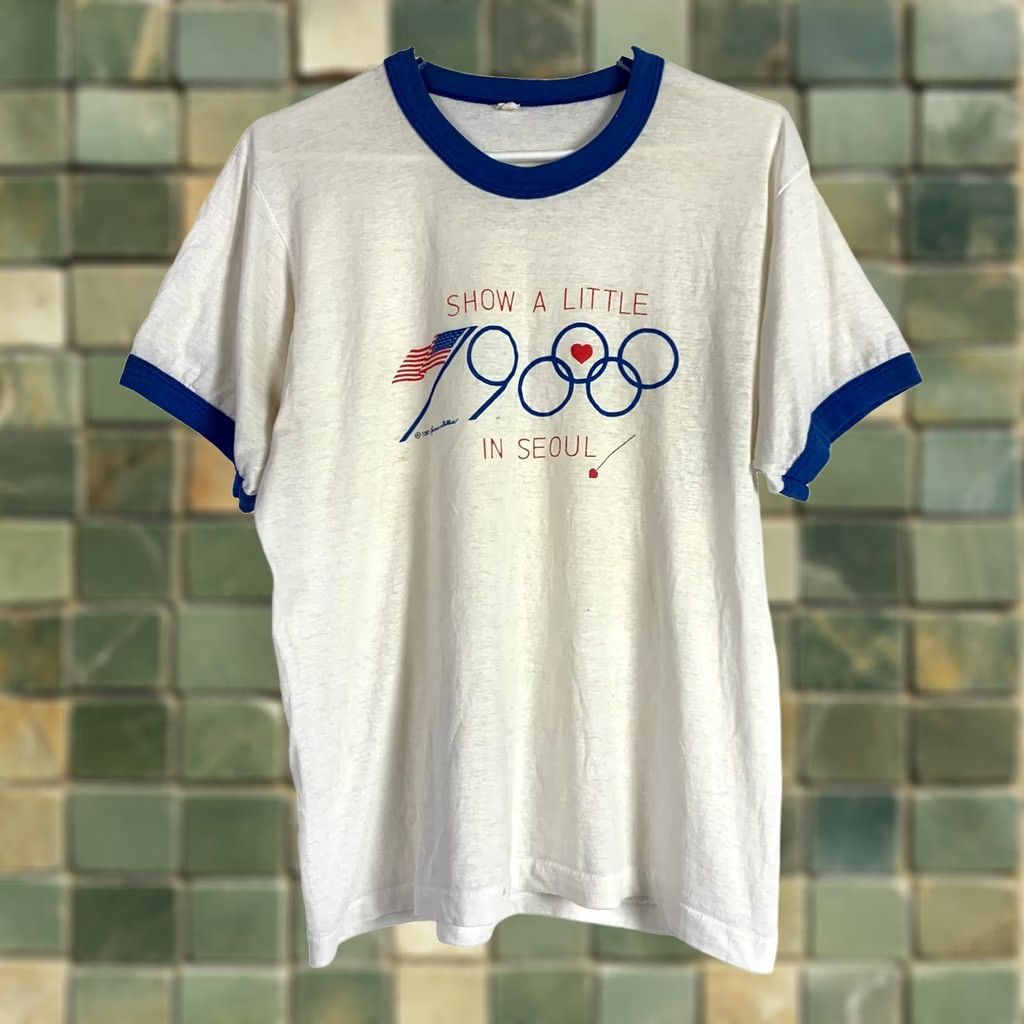 Vintage VINTAGE Show A Little Heart In Seoul 1987 Olympics Single Stitch Ringer Shirt Mens L White Graphic Print Crew Neck Short Sleeve Tee Size US L / EU 52-54 / 3 - 1 Thumbnail