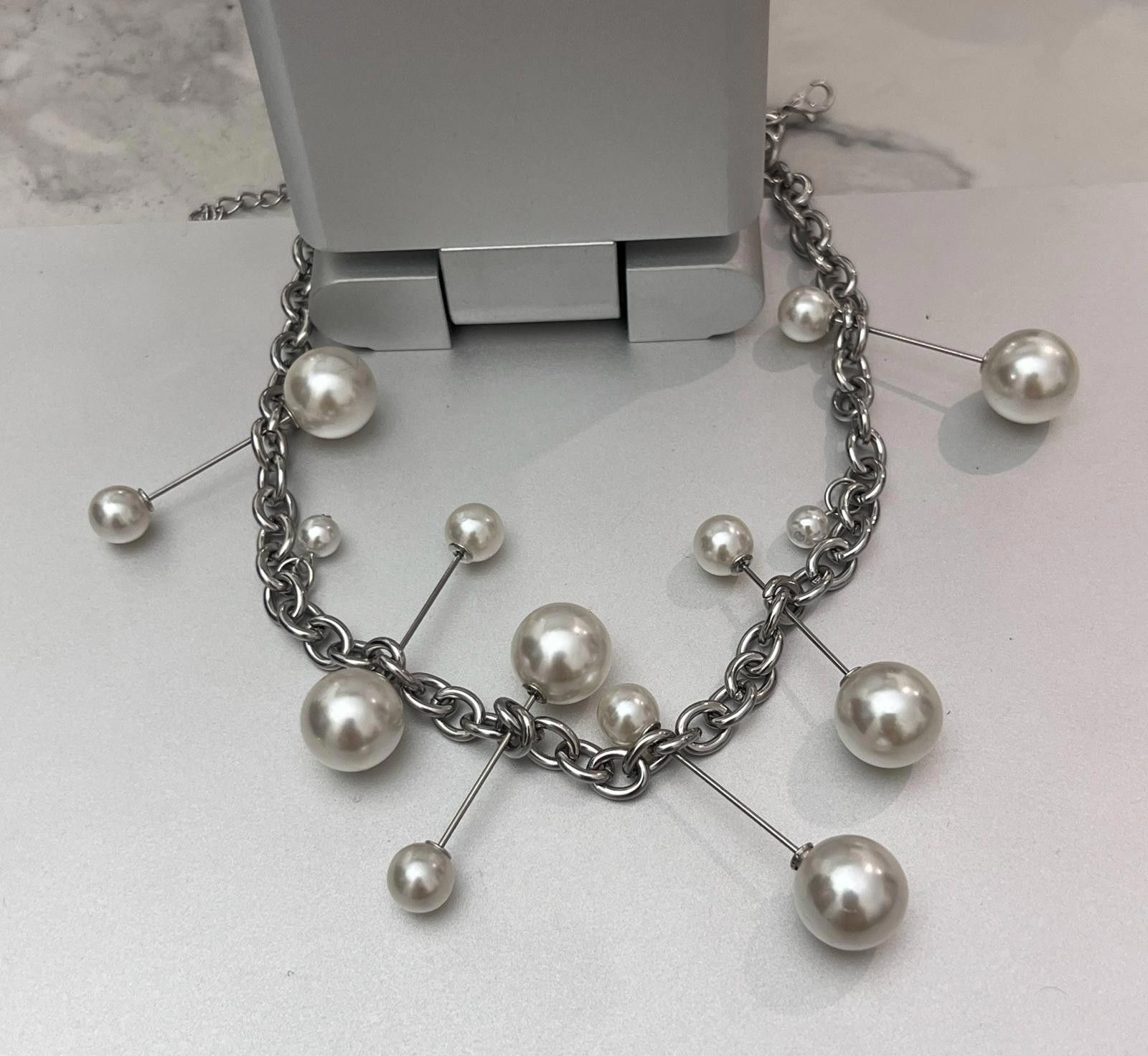 Jewelry Silver Chain Pearl Accent Choker Necklace, Statement Jewelry Size ONE SIZE - 3 Thumbnail